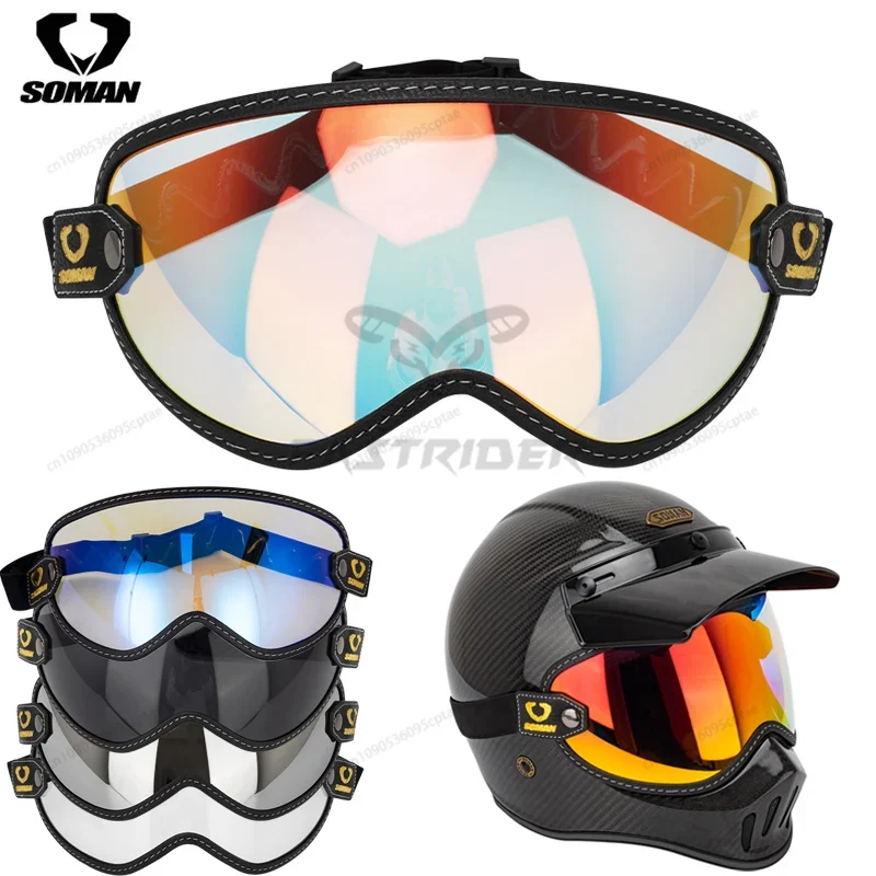 Vintage Open Face Retro Helmet - แว่นตาขี่มอเตอร์ไซค์วินเทจ SOMAN แบบเปิดหน้า พร้อมแผ่นบังลมทรงกลม ป้องกันลม สำหรับขี่มอเตอร์ไซค์